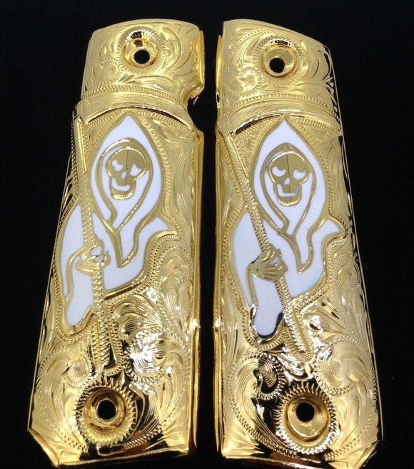 1911 Full Size Custom Grifado Santa Muerte Grips – Gold Guns 1911 Full Size Custom Grifado Santa Muerte Grips – Gold Guns